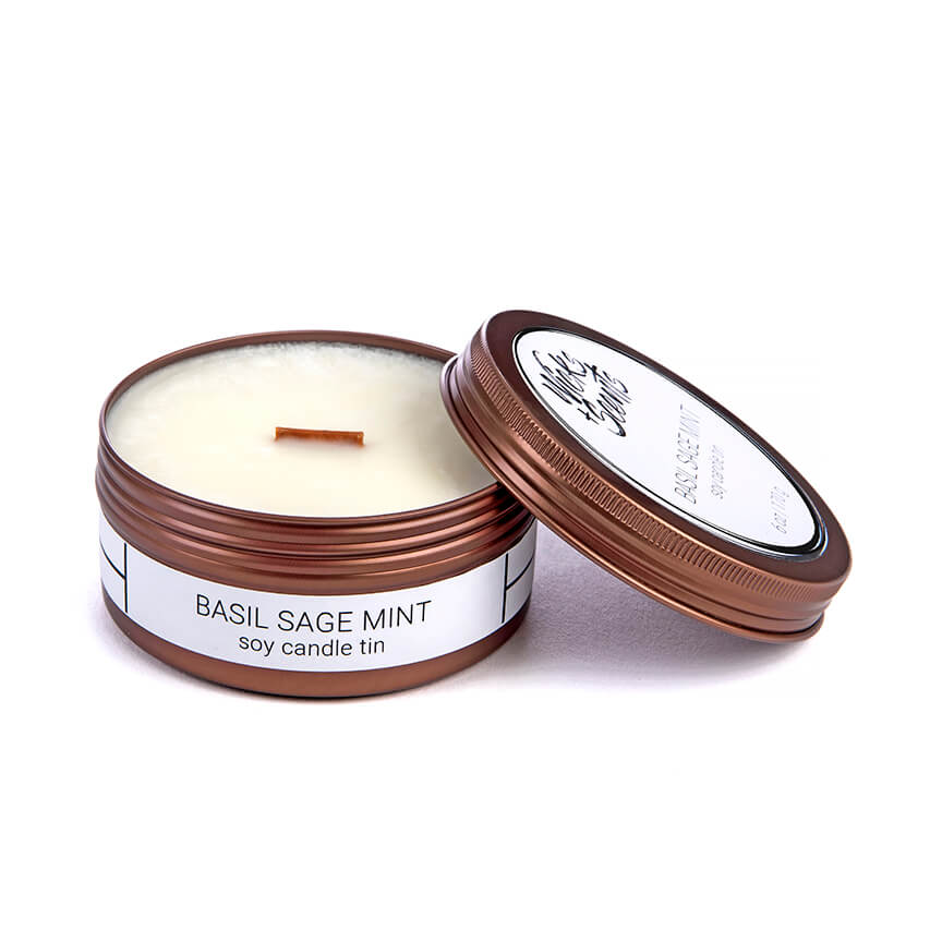 Basil Sage Mint Travel Tin Candle Basil Mint Candle Wicks + Scents